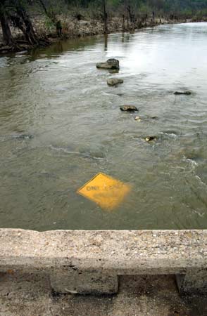 Road sign in the river